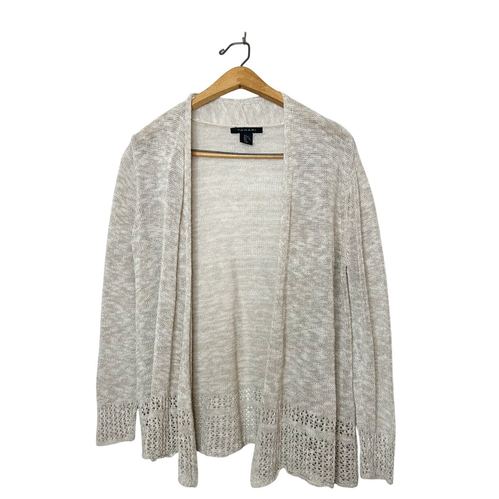 Tahari Womens Linen Cotton Blend Neutral Open Front Cardigan Sweater Large L